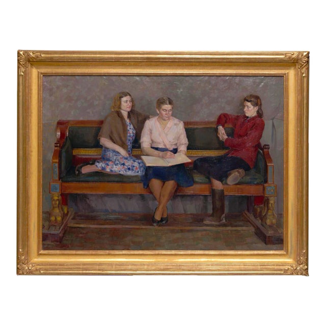 "Three Girlfriends" Original Oil Painting by Evgeni Krylov Circa 1950 For Sale