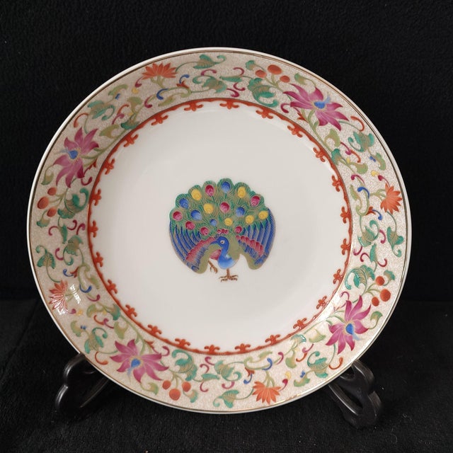 Chinese Ceramic Plate,Qianlong Marked Famille Rose Porcelain Plate Hand Painted Peacock and Flowers Pattern For Sale - Image 4 of 11