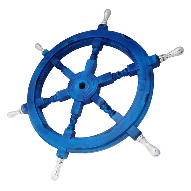 Antique Vintage Nautical Handcrafted Blue Wooden Ship Wheel With Aluminium Hub & Handle For Sale - Image 6 of 6