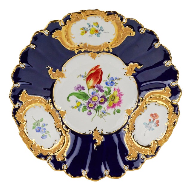 Cobalt Blue Dish with Gilding and Delicate Painting from Meissen, 1900s For Sale