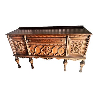 Pomegranate Carving Detailed Spanish Revival Oak Buffet Sideboard - 1920s Antique For Sale