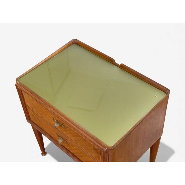 Wood 1950s Italian Modern, Stained Wood, Brass, Glass, Nightstands, Italy, A Pair For Sale - Image 7 of 13