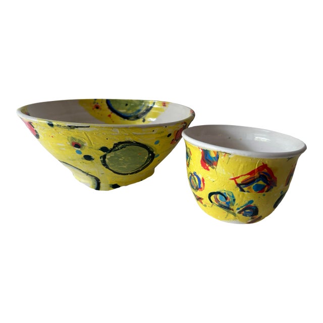 Pair of Colorful, Abstract Ceramic Bowls Signed Lori Dresner For Sale