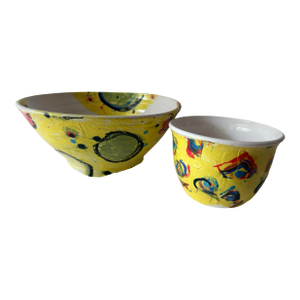 Pair of Colorful, Abstract Ceramic Bowls Signed Lori Dresner