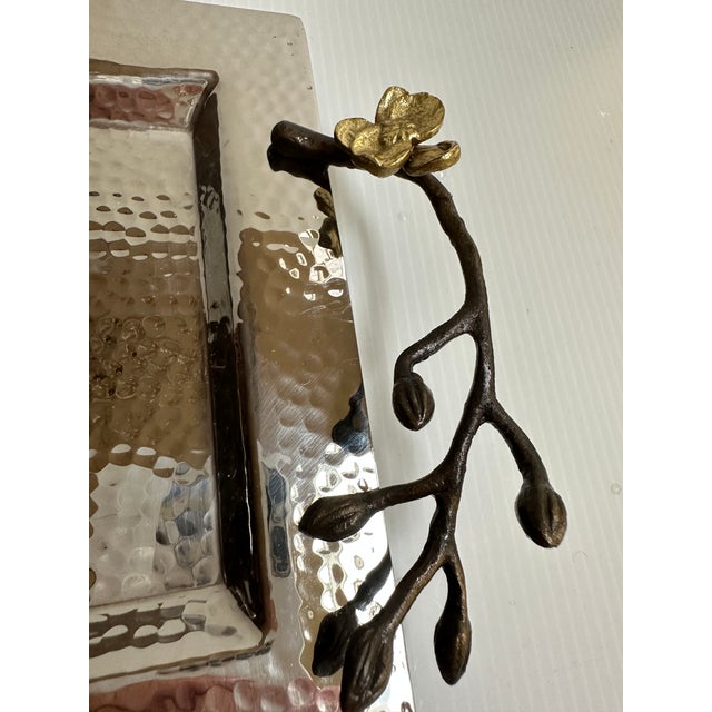 Chrome Michael Aram Sign Gold Plated Orchid Flowers Hammered Silver Tone Shine Serving Tray 17"x 7" For Sale - Image 8 of 18
