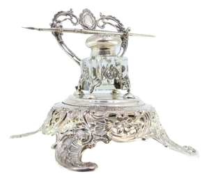 Cut Silver Inkwell with Glass Reservoir, Pen Holder and Raised Feet