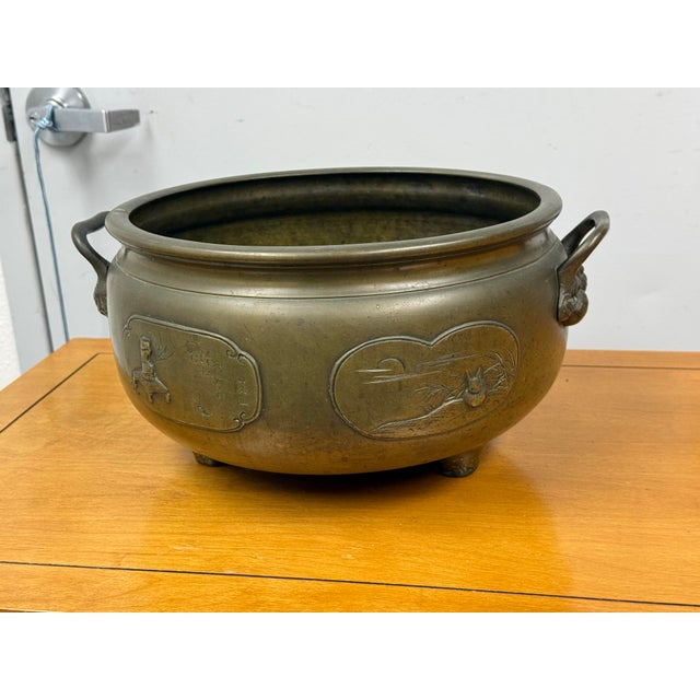Metal Antique Heavy Brass Cauldron With Oriental Ornamentation For Sale - Image 7 of 12