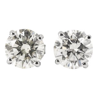 Unisex 14k White Gold 2.14ctw Round Cut Diamond 4 Prong Push Back Stud Earrings, A Pair For Sale
