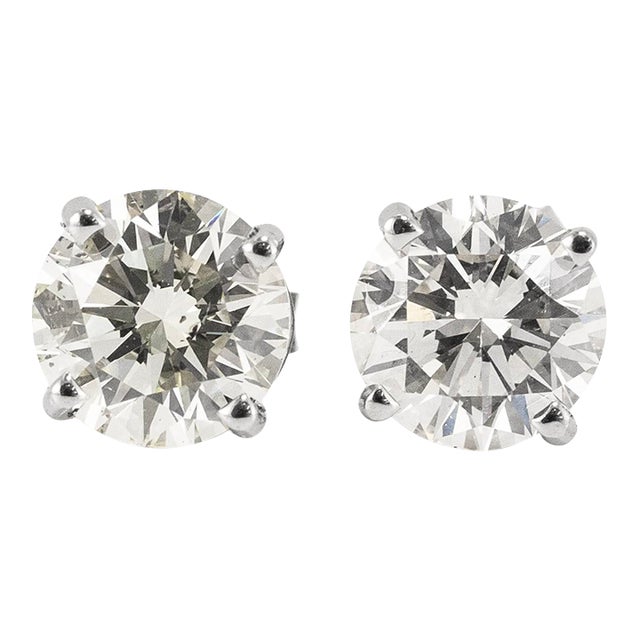 Unisex 14k White Gold 2.14ctw Round Cut Diamond 4 Prong Push Back Stud Earrings, A Pair For Sale