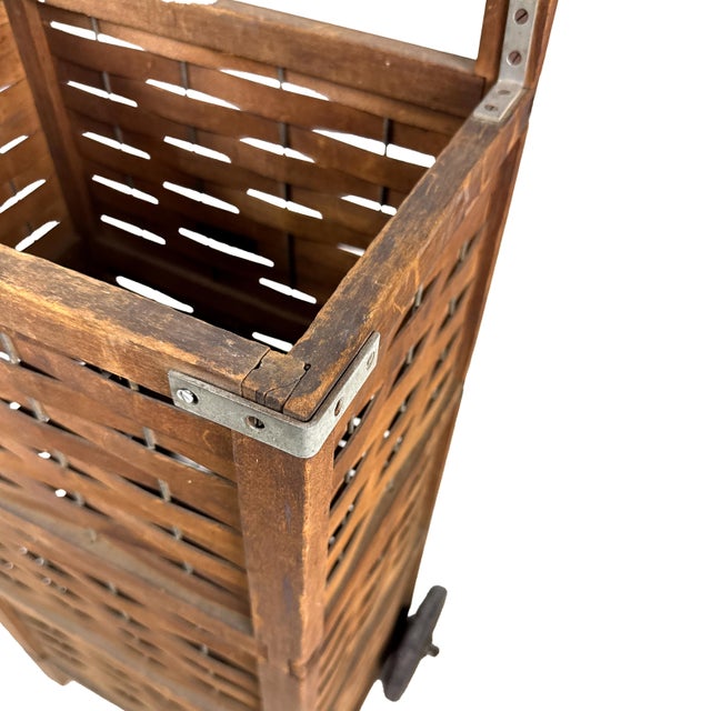 Antique 1910s Woven Splint Wood Rolling Cart Utility Basket / Wheeled Shopping Trolley For Sale - Image 15 of 18