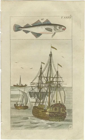 Cod and Cod Fishing Ship, 1832, Paper