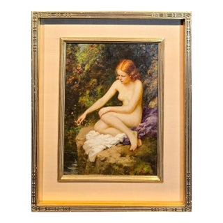 Joseph Tomanek- Nude Female Picking Flowers by the River- C1920s Oil Painting For Sale