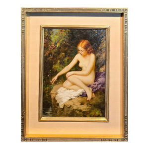 Joseph Tomanek- Nude Female Picking Flowers by the River- C1920s Oil Painting