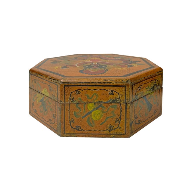 Brown Chinese Distressed Light Brown Octagon Dragon Treasure Graphic Box For Sale - Image 8 of 9