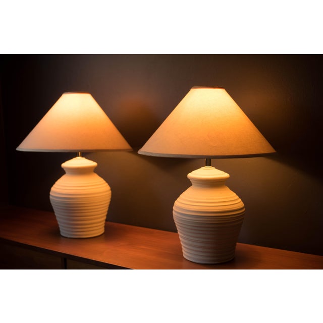 Mid-Century Modern Vintage Pair of Textured Ivory Pottery Table Lamps For Sale - Image 3 of 12