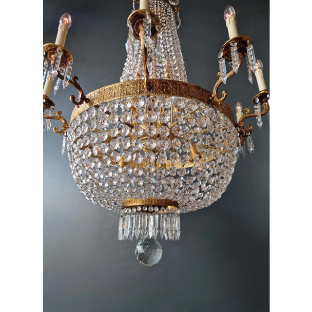 1910s Empire Brass Crystal Lustre Chandelier Ceiling Light For Sale - Image 6 of 12