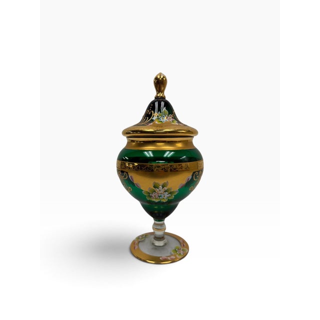 Mid 20th Century Vintage Murano Emerald Green "Tre Fuochi" 24k Gold Venetian Glass Lidded Urn For Sale - Image 5 of 8