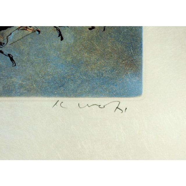 Late 20th century aquatint etching on handmade paper of horses in shades of umber and blue by Kaiko Moti (1921 - 1989)...