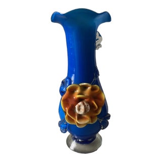 1990s Blue Murano Orange Flower Hand-Blown Glass Italian Vase For Sale