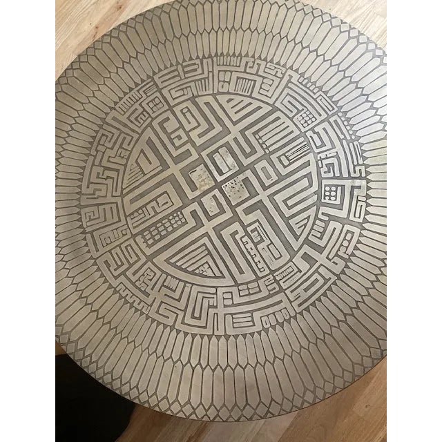 Coffee 1972 Brutalist-Style Coffee Table; Signed: "G.Urso" on Etched Aztec Design Metal Top; Walnut Base. For Sale - Image 8 of 12