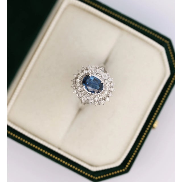 Vintage Platinum 1.18 Carat Oval Blue Sapphire & Diamond Halo Filigree Ring Size 6.5 For Sale In Miami - Image 6 of 8