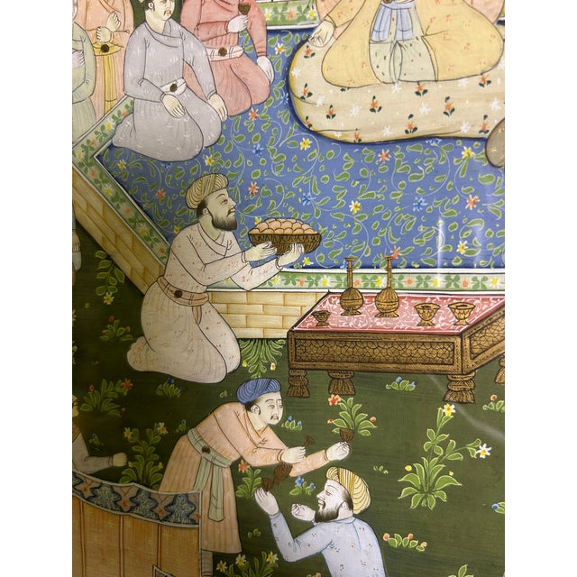 Ivory 1940s Large Indian Miniature Painting Mughal Royal Court, Framed 30" For Sale - Image 8 of 10