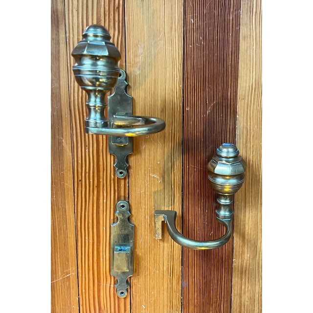 Brass Large Antique 19th Century American Federal Brass Jamb Hooks to Hold Fire Tools on the Hearth or Fireplace Mantel - a Pair For Sale - Image 8 of 12