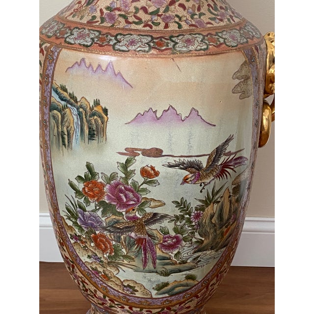 1980s Vintage Chinoiserie Ceramic Painted Floor Vase With Gilt Handles For Sale - Image 5 of 11