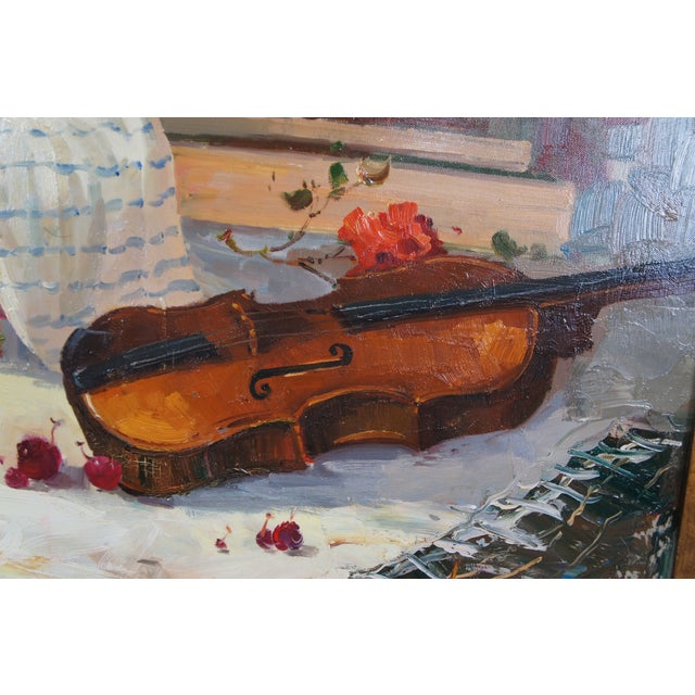20th C. Realist Still Life Signed Oil Painting Canvas Fruit Violin Flowers 48" For Sale - Image 11 of 12