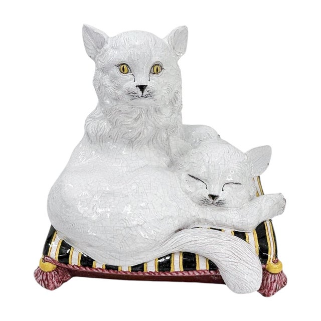 Mid 20th Century Mid 20th Century Mid-Century Italian Ceramic Cats on Cushion by Ceccarelli Sculpture For Sale - Image 5 of 10
