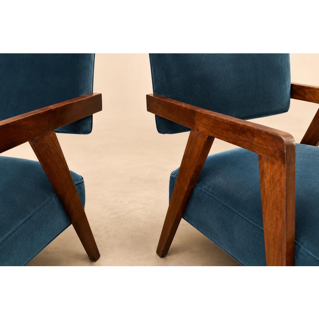 Brazilian Modern Armchairs in Imbuia Wood and Deep Petrol-Blue Mohair, Brazil, 1950s For Sale - Image 16 of 18