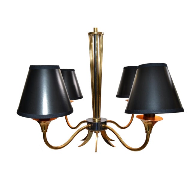 Mid-Century Modern Maison Lunel Four-Light Chandelier Brass & Gun Metal French Mid-Century Modern For Sale - Image 3 of 13