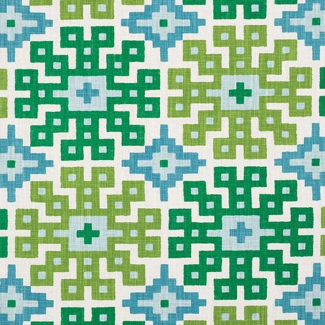 Sample - Schumacher Palmetto Print Fabric in Lagoon For Sale