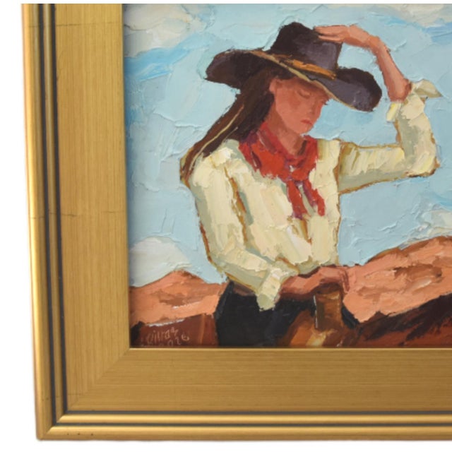 Impressionist oil painting on an artist's hardboard panel of a western cowgirl with a hat displayed in a complementary...