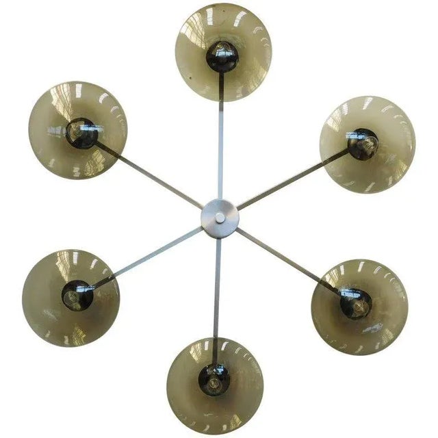 Italian flush mount with six smoky Murano glass shades mounted on solid brass frame in satin nickel finish / Made in Italy...