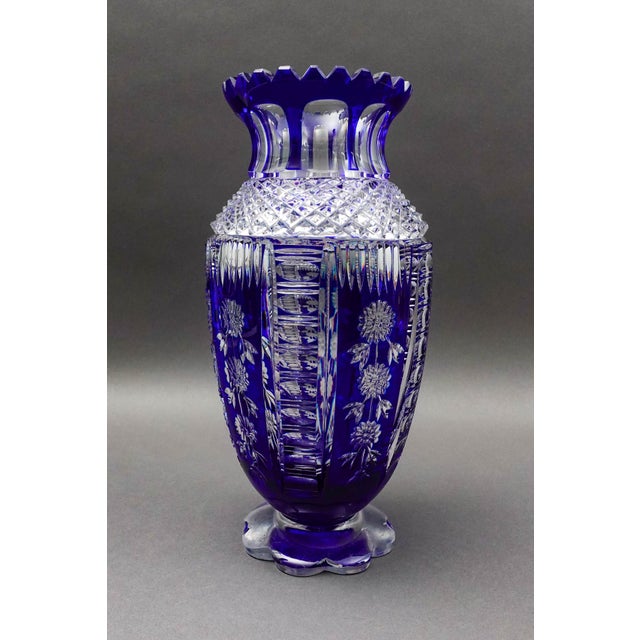 Mid 20th Century Mid 20th Century Bohemian Czech Cobalt Blue Cut to Clear Crystal Vase With Sawtooth Rim For Sale - Image 5 of 10