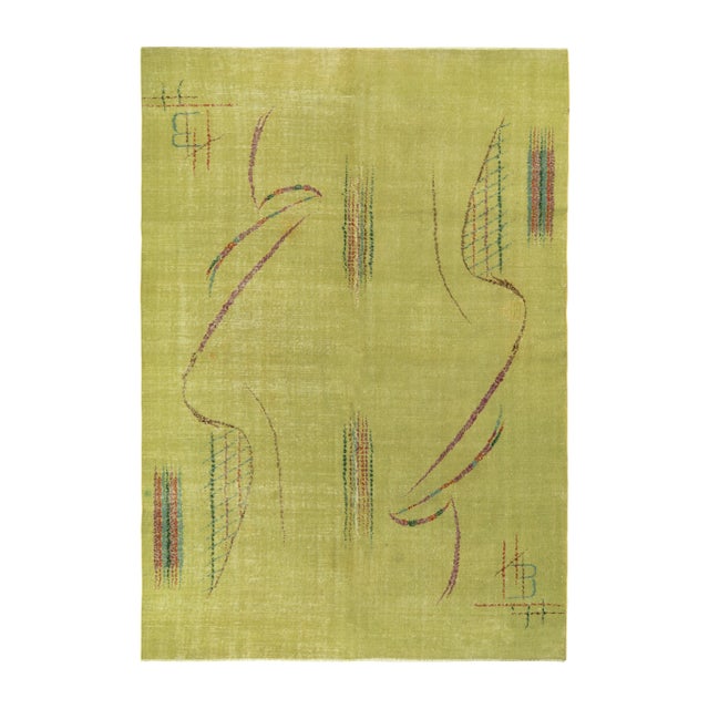 1960s Vintage Art Deco Rug in Distressed Green, Purple, Geometric Pattern For Sale In New York - Image 6 of 6