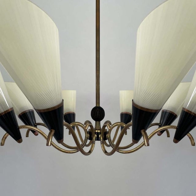 Scandinavian Opaline Glass and Brass Chandelier, 1950s For Sale - Image 13 of 17