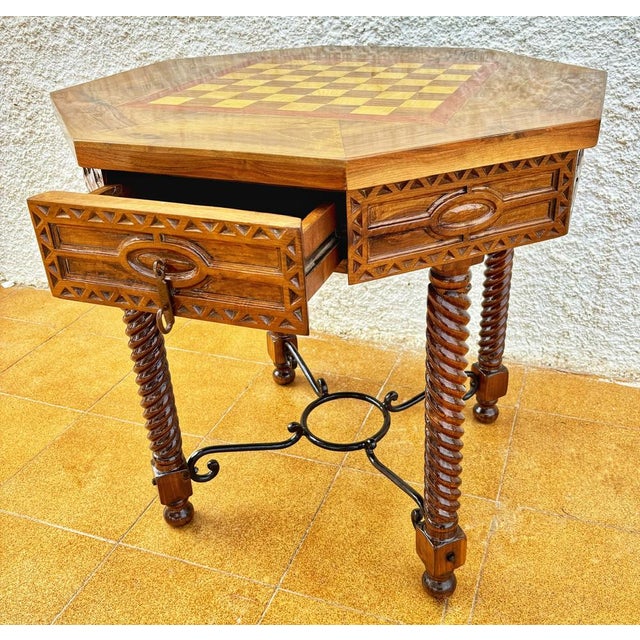 Antique Octogonal Burnt Oak Inlaid Games Table with Two Drawers and Turned Legs, 1920s For Sale - Image 10 of 18