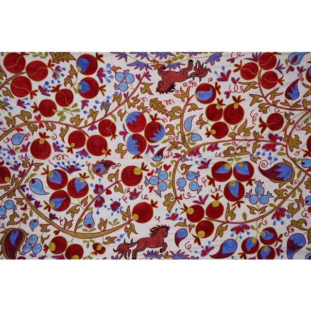 Suzani Tapestry – White Base With Horse and Pomegranate Motifs 3'2'' X 6' For Sale - Image 9 of 13