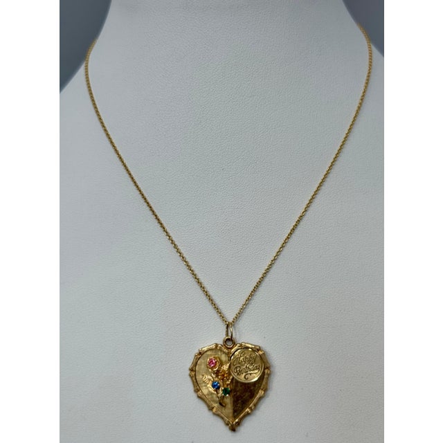 Vintage 14 Kt Y Gold Heart Happy Birthday Pendant + Emerald + Sapphire + Chain For Sale - Image 18 of 18