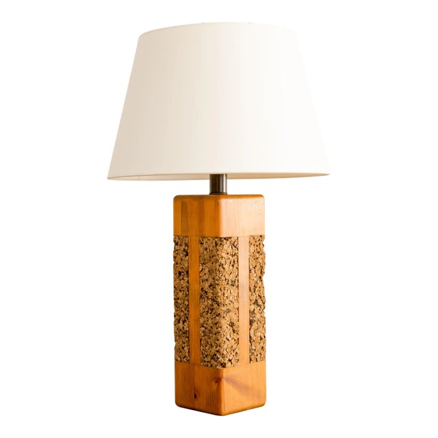 1960s Cork + Pine Table Lamp For Sale