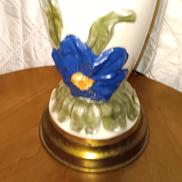 Ceramic Vintage Ceramic Lamp With Raised Morning Glory Floral and Gilt For Sale - Image 7 of 18