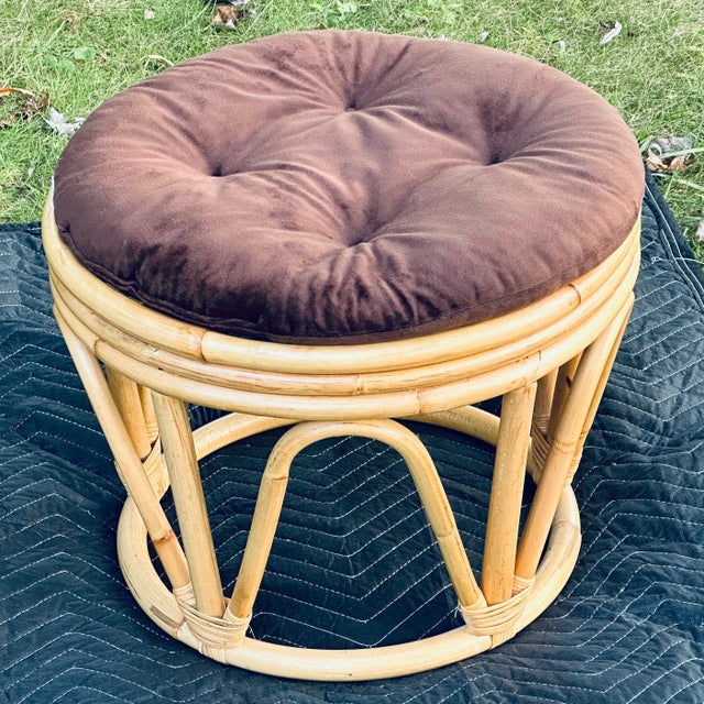 Mid-Century Modern Vintage Round Rattan Footstool With Loose Seat Cushion For Sale - Image 3 of 8