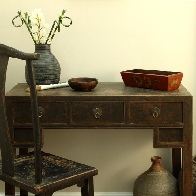 Three Drawer Black Elm Desk For Sale - Image 9 of 10