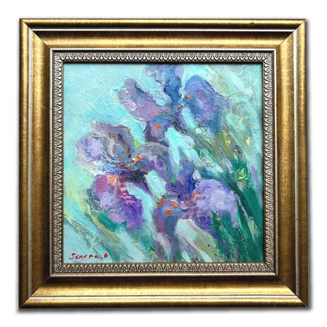 Framed Flower Blue-Violet Irises Original Painting by Artist Valeriya Serova For Sale - Image 11 of 11