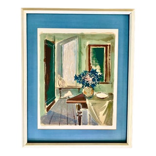 Josef Floch (1895-1977) Modernist Signed Still Life Lithograph, "Studio With Flowers" (1958) For Sale
