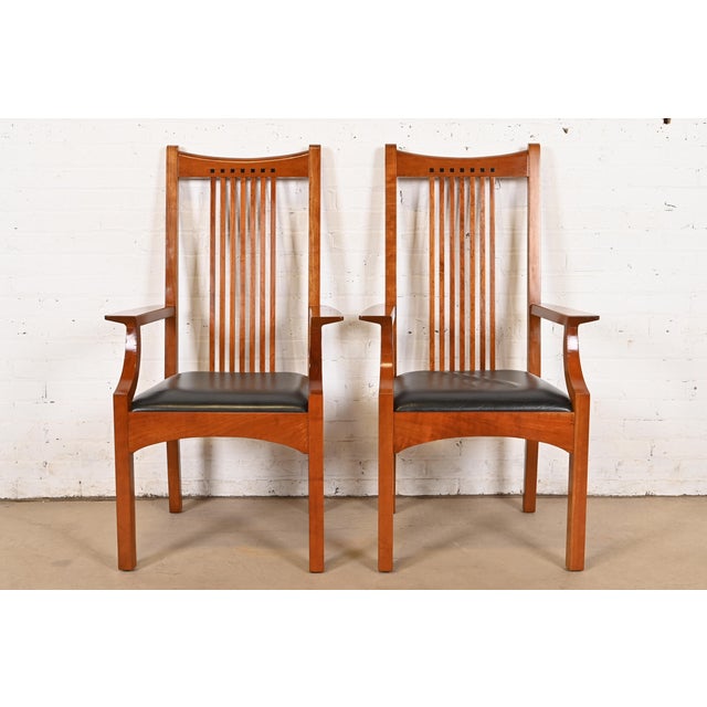 Stickley Mission Arts & Crafts Cherry Wood High Back Spindle Armchairs, Pair For Sale - Image 12 of 12