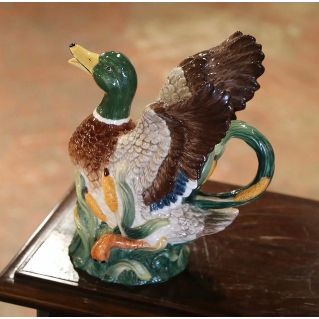 Early 20th Century French Painted Barbotine Ceramic Duck Pitcher For Sale In Dallas - Image 6 of 8