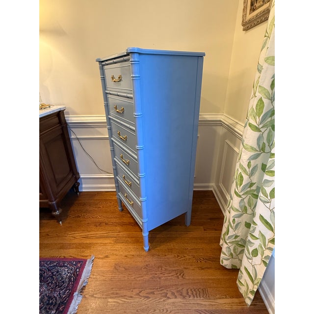 1970s 1970s Henry Link Bali Hai Faux Bamboo Lingerie Chest in Custom High-Gloss Blue Lacquer For Sale - Image 5 of 9